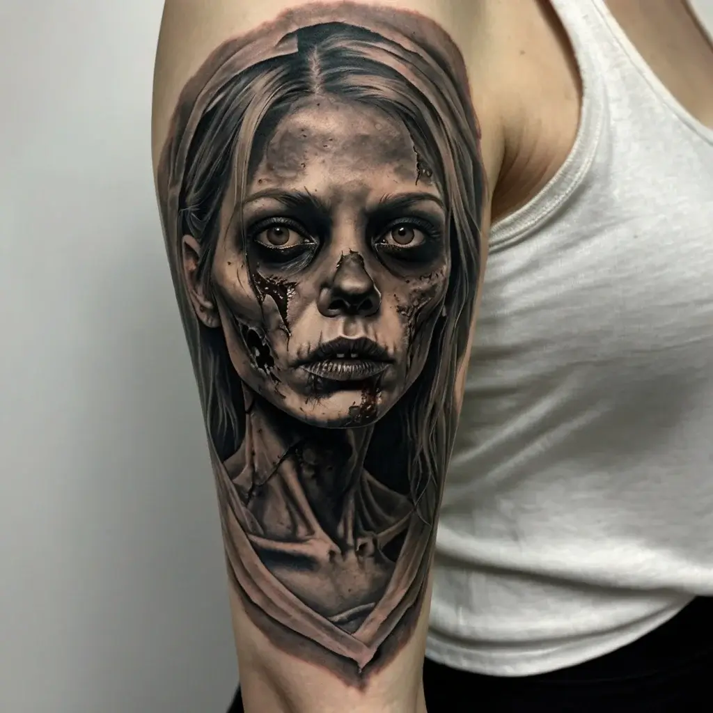 Realistic zombie portrait tattoo on arm, depicting haunting eyes and detailed decaying skin. Monochrome shading enhances depth.