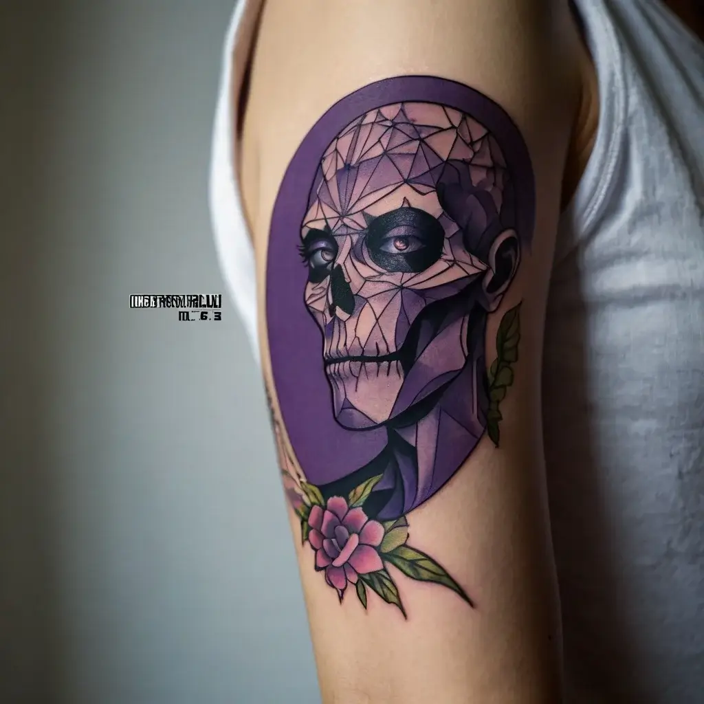 Geometric skull tattoo with purple hues, accented by a vibrant pink flower and green leaves on the arm.