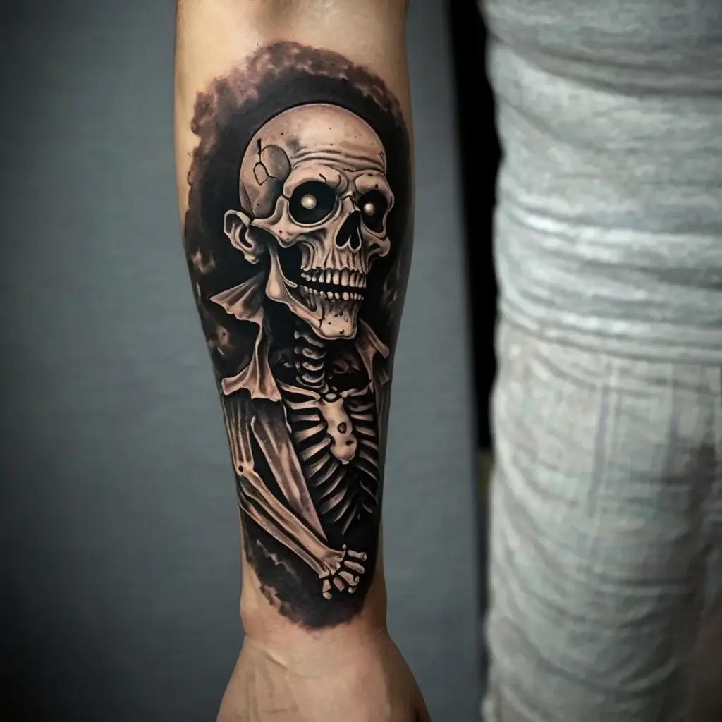 Tattoo of a skeleton in a vintage suit with glowing eyes, detailed shading and smoke effects on a forearm.