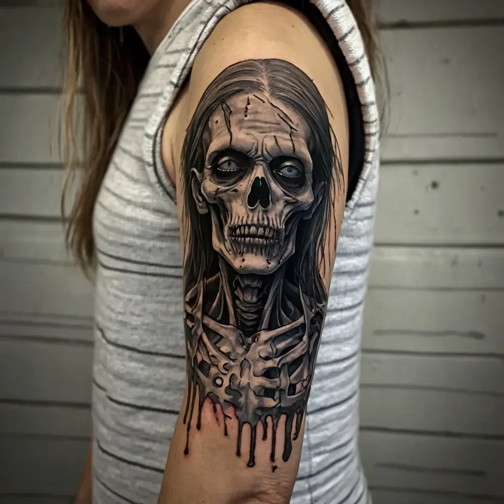 Realistic skull tattoo with intricate shading, drips, and long hair, creating a haunting and detailed arm design.