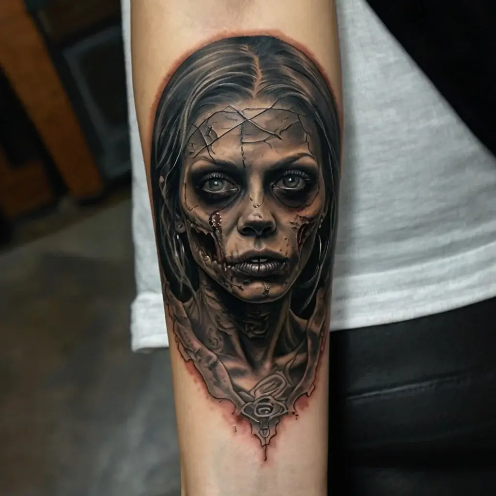 Realistic tattoo of a zombie woman's face with cracked skin and haunting eyes, featuring detailed shading and texture.