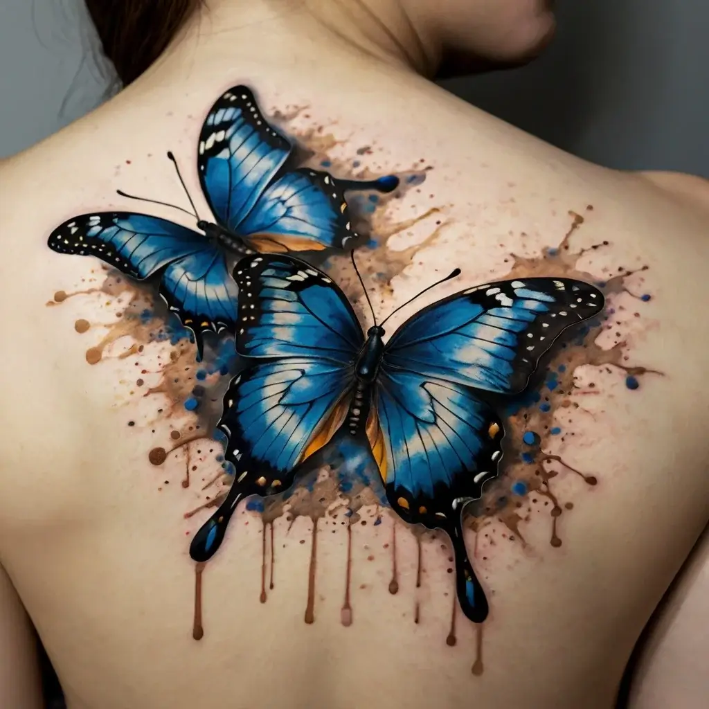 Two vibrant blue butterflies with detailed wings over a watercolor splash on upper back, creating a 3D effect.