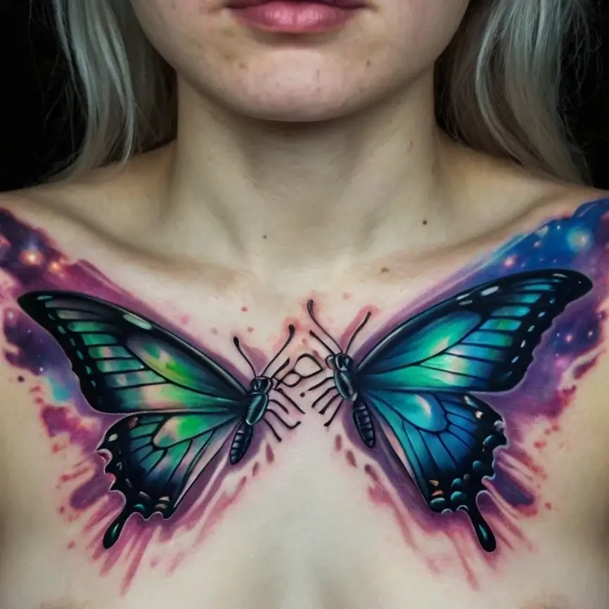 Tattoo features two vibrant blue butterflies on a chest, with cosmic purple and pink accents spreading on the skin.