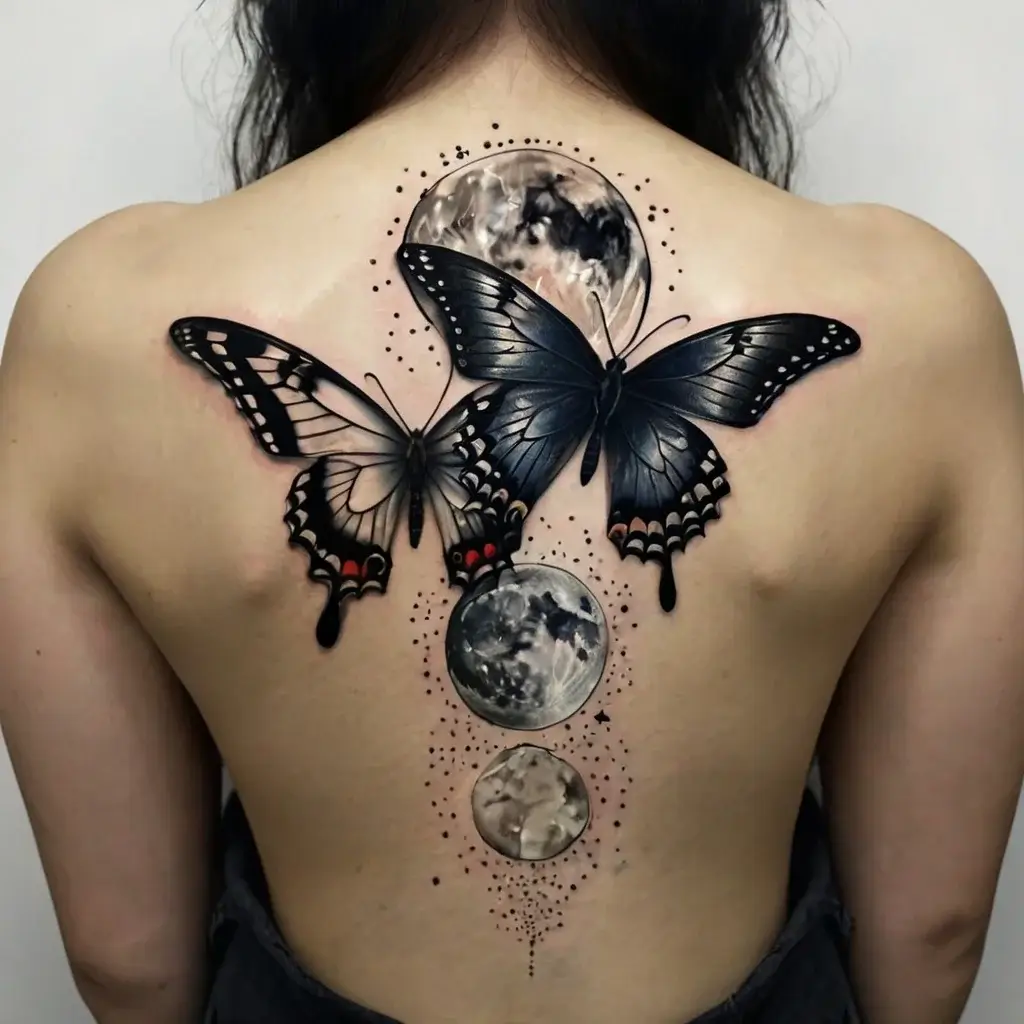 Two realistic black butterflies overlying moons with dotted cosmos details, creating a celestial, nature-inspired back tattoo.