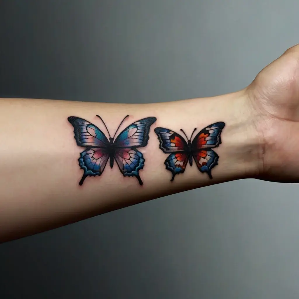 Tattoo of two butterflies on forearm: left one in blue and pink hues, right with orange accents; both in realistic style.