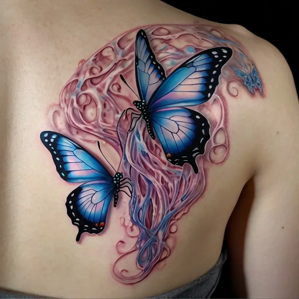 Tattoo of vibrant blue butterflies with ornate pink swirls on shoulder blade, showcasing dynamic movement and life.