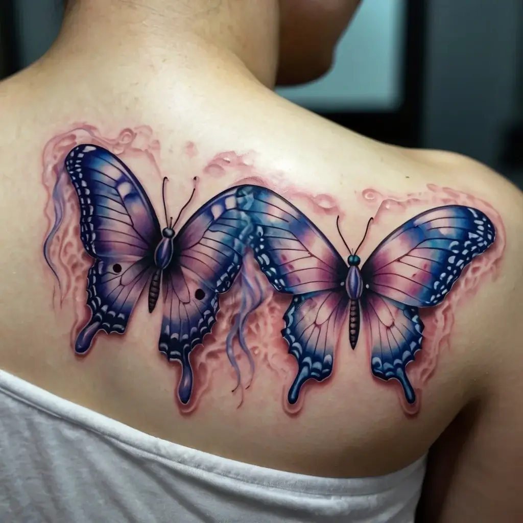 Tattoo of two vivid purple butterflies on shoulder, with delicate shading and realistic wing details enhancing depth.