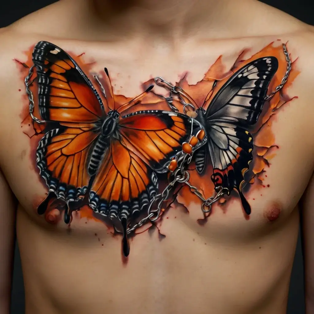 Realistic butterflies in vivid orange and black, chained, with watercolor splashes on a person's chest.