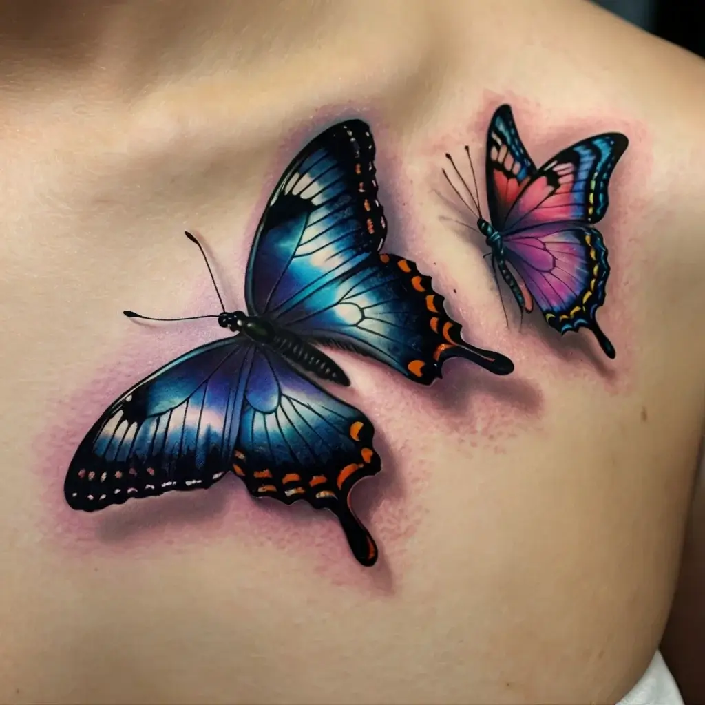 Realistic butterfly tattoos in vivid blue and pink hues, depicting motion with 3D shading on the skin.