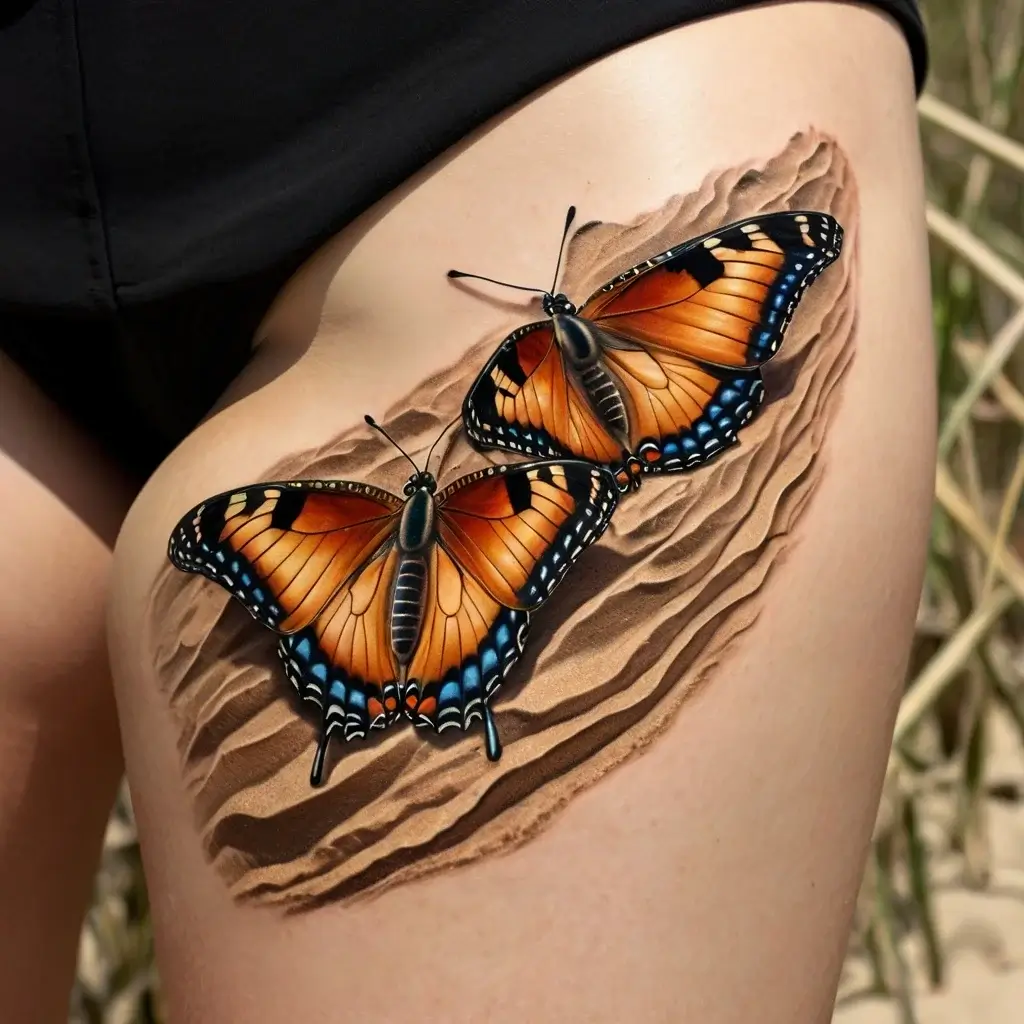 Two realistic orange and black butterflies over textured sand-like background, creating a vibrant 3D effect on the thigh.