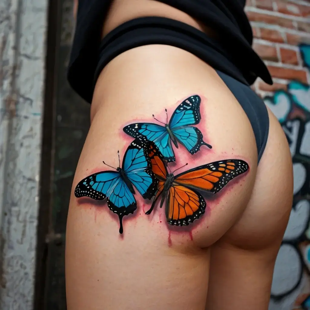 Tattoo of vibrant blue and orange butterflies on skin, with realistic detailing and a touch of watercolor effect.