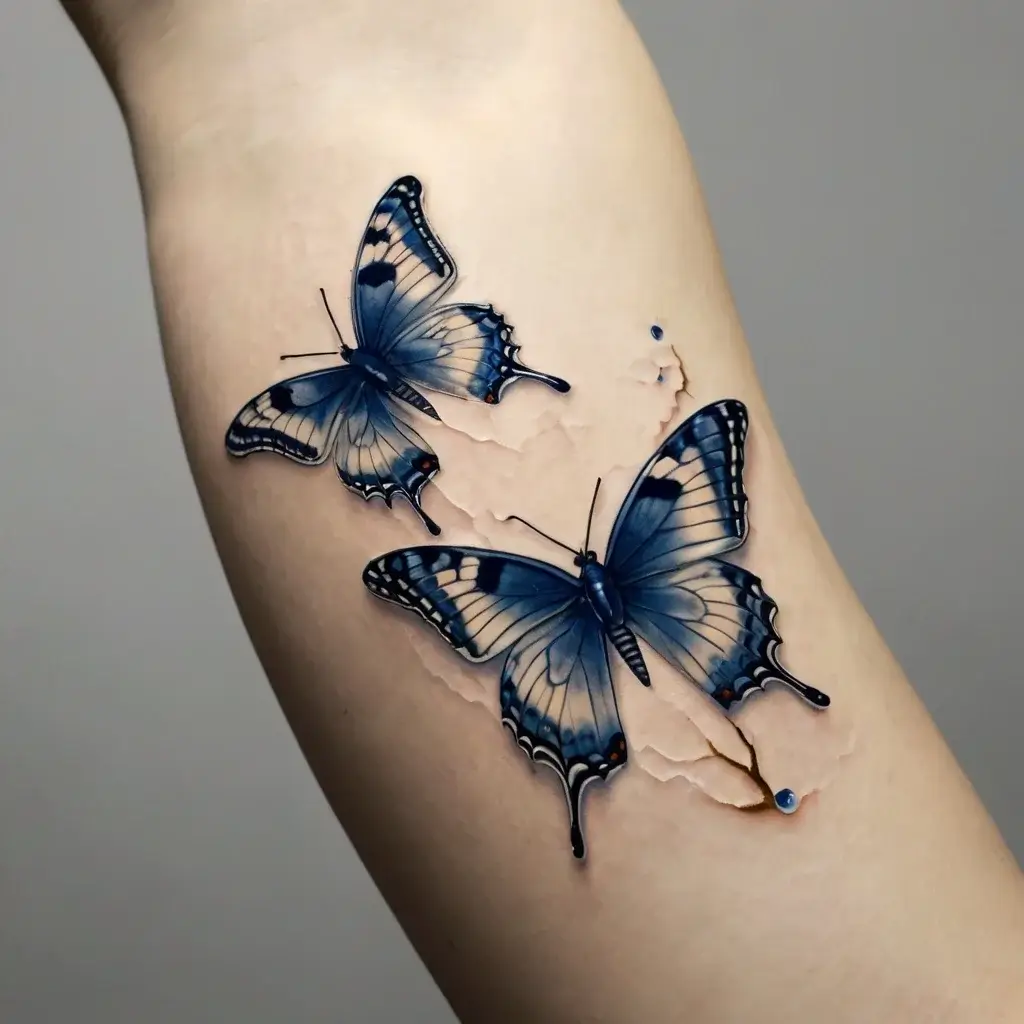 3D tattoo of two realistic blue butterflies on skin, creating an illusion of them resting and casting shadows.