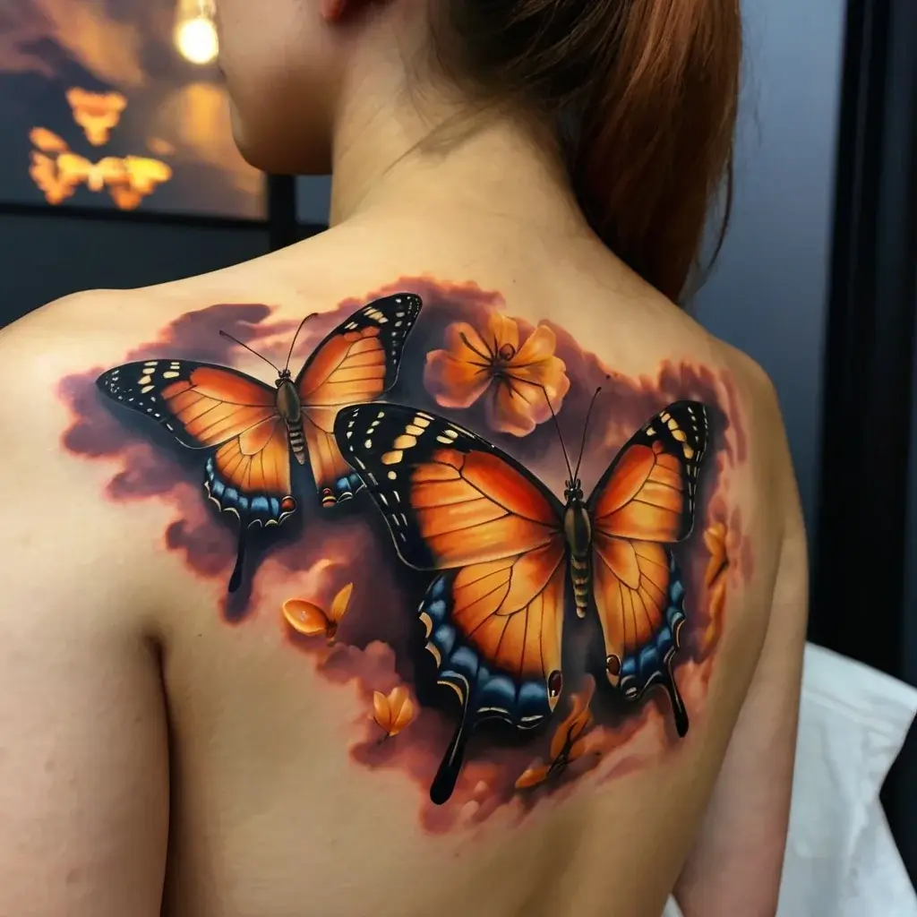 Realistic tattoo of vibrant orange and black butterflies on a person's shoulder blade, surrounded by ethereal flowers.