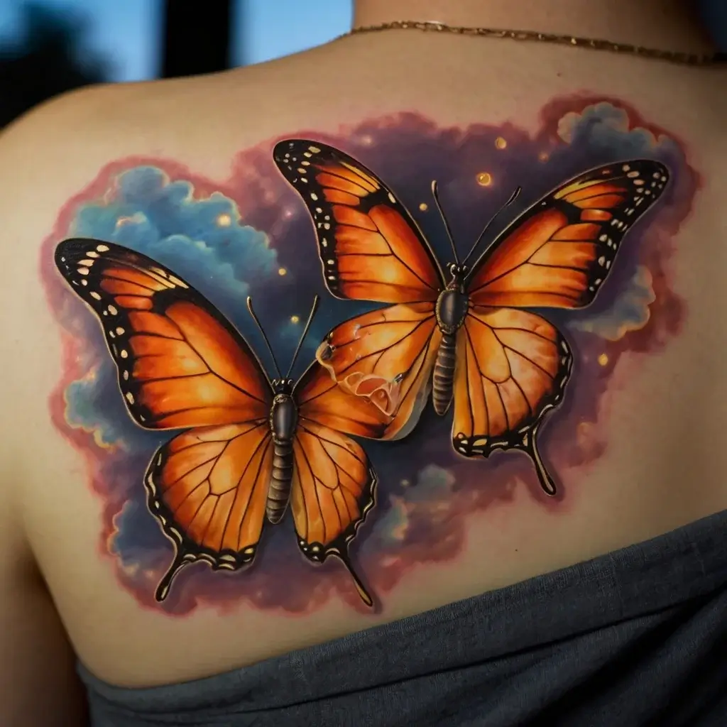 Realistic tattoo of two vibrant orange butterflies on a back, set against a colorful, dreamy cloud background.