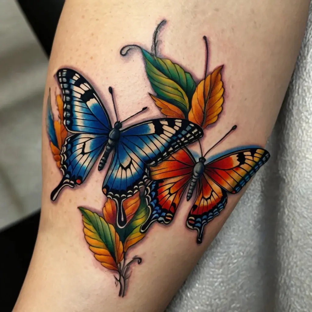 Vivid tattoo of two butterflies with blue and orange wings, highlighted by green and orange leaves in a realistic style.