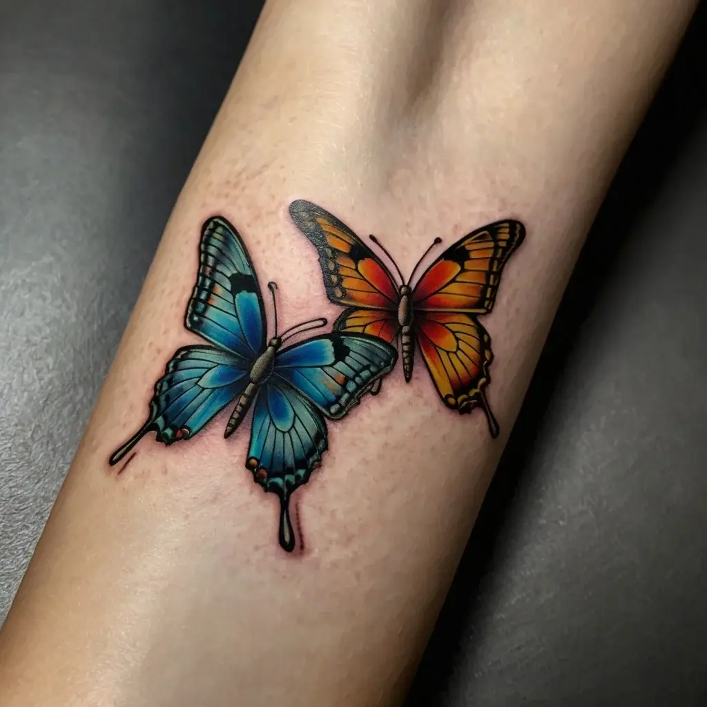 Two vibrant butterflies tattoo: one blue and the other orange, symbolizing transformation and dual energy on forearm.