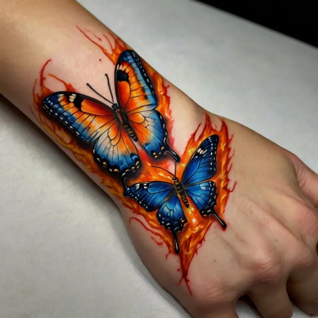 Two vibrant blue and orange butterflies with fiery wing accents, symbolizing transformation and passion, on a forearm.