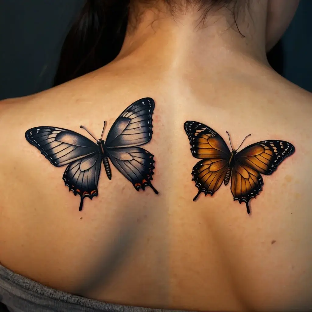 Tattoo of two butterflies on the upper back, one in black and blue, the other in amber and black, symbolizing transformation.