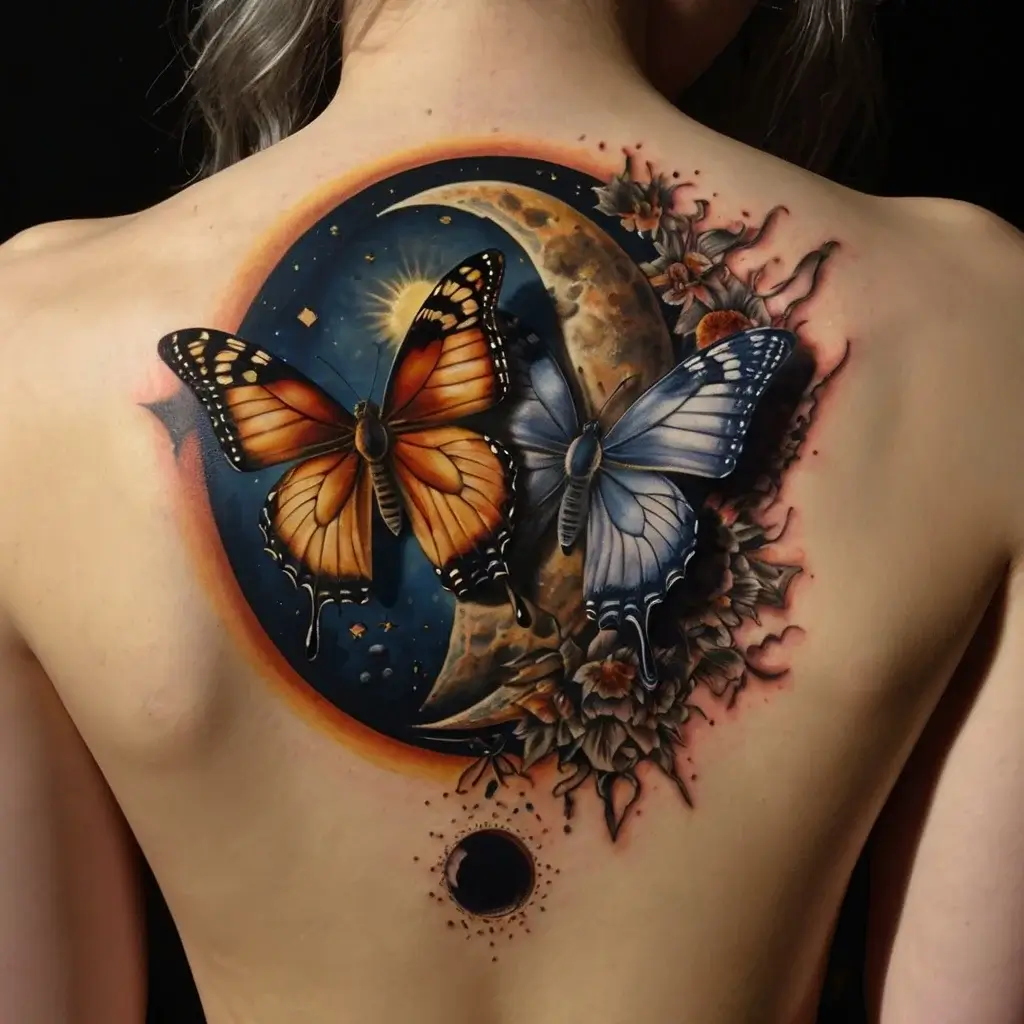 Two realistic butterflies, orange and blue, with a crescent moon and flowers, create a cosmic and nature-themed back tattoo.