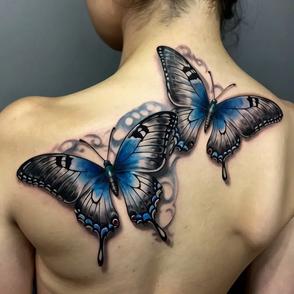 Two realistic blue and black butterflies with intricate wing details tattooed on a person's shoulder blade.