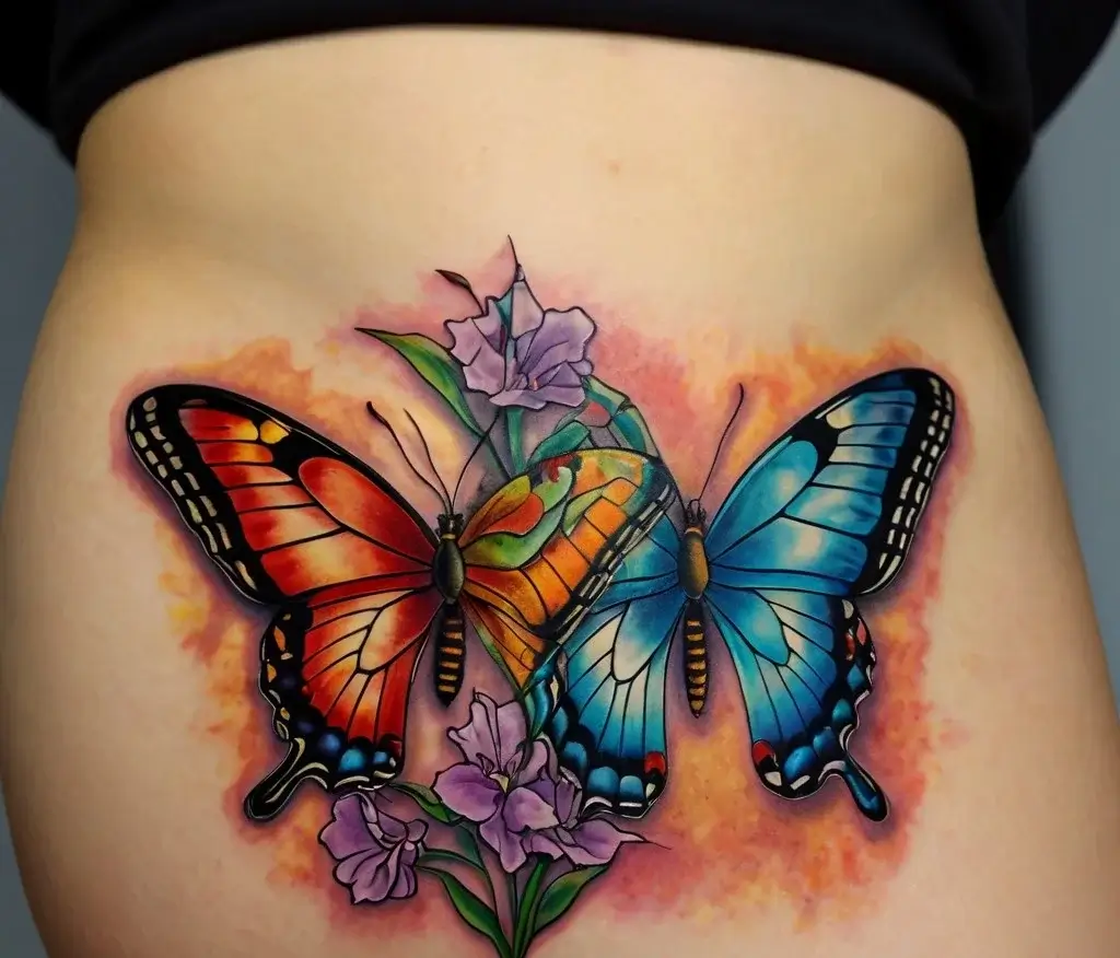 Two vibrant butterflies in orange and blue with purple flowers, against a watercolor-style backdrop on the skin.