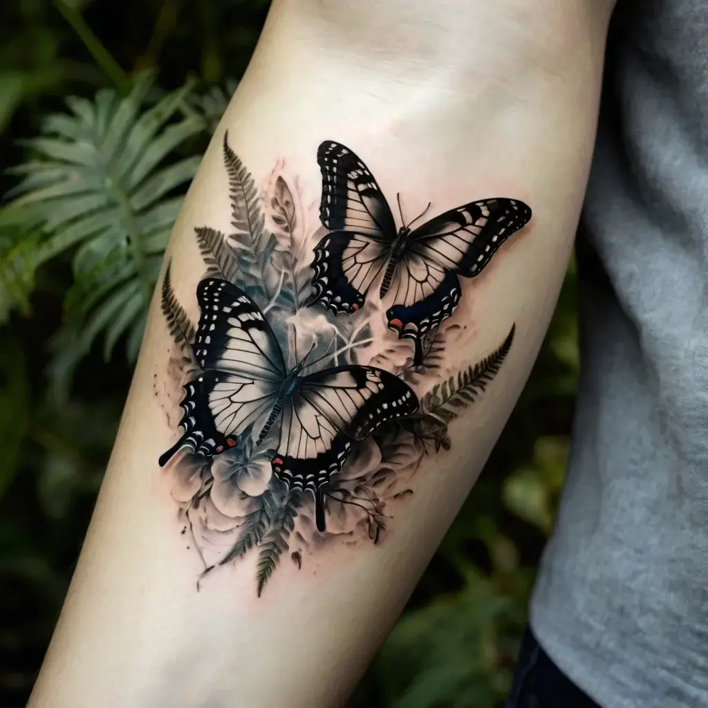 Tattoo of two detailed black butterflies on ferns, with floral accents. Realistic shading adds depth and texture.