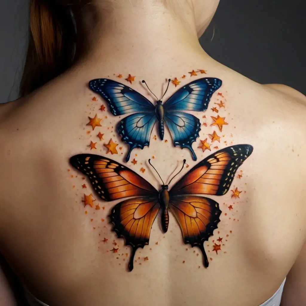 Colorful tattoo with two butterflies, one blue and one orange, surrounded by orange stars on upper back.