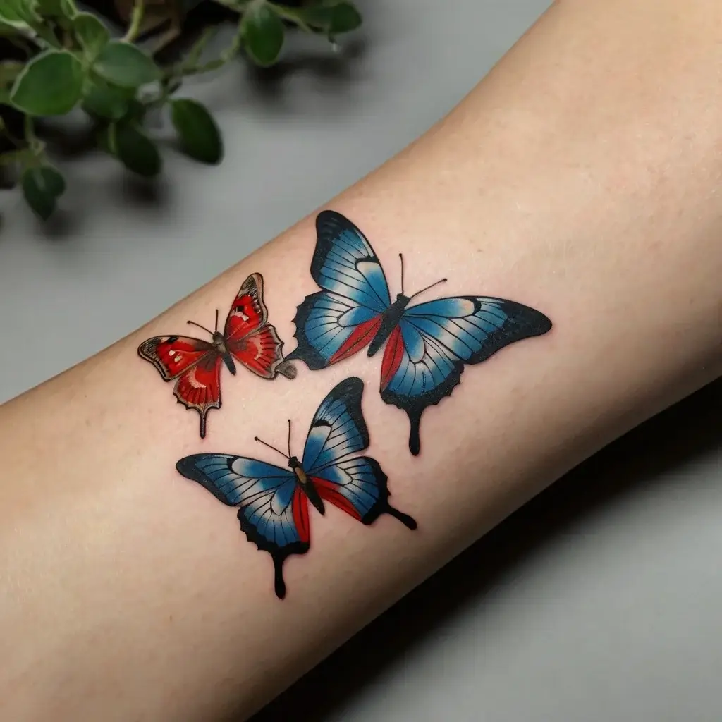 Three vibrant butterflies with red and blue wings, artistically inked, elegantly adorn the forearm.