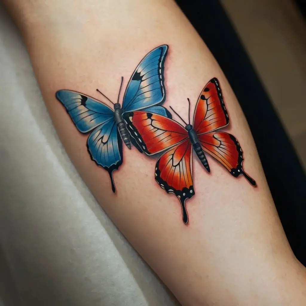 Two vibrant butterflies tattooed with intricate details; one in blue hues and the other in red and orange tones.