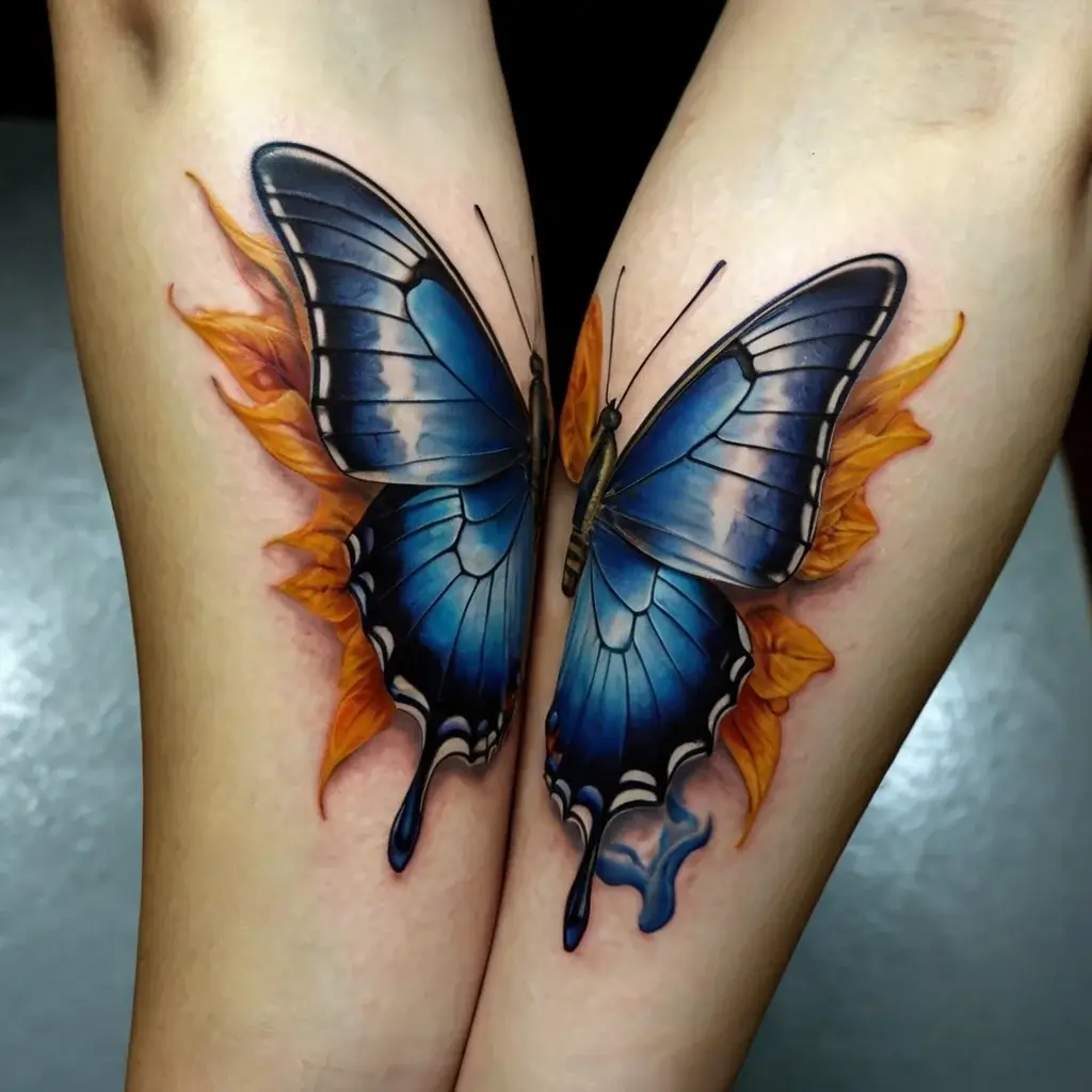 A vibrant blue butterfly tattoo, wings edged with fiery orange, symbolizing transformation and passion in photorealistic style.