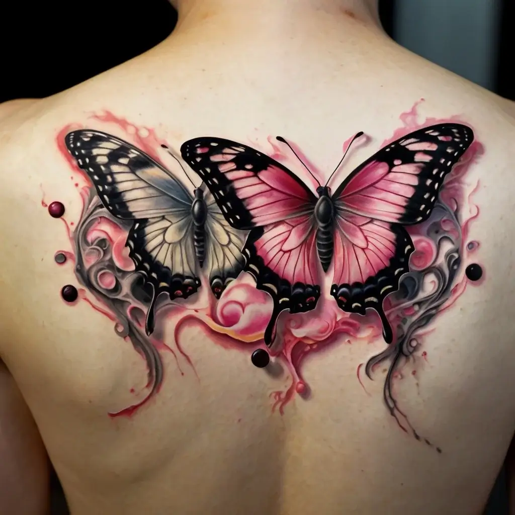 Two butterflies with vibrant pink and grayscale wings, surrounded by swirling abstract smoky designs and red dots on the back.