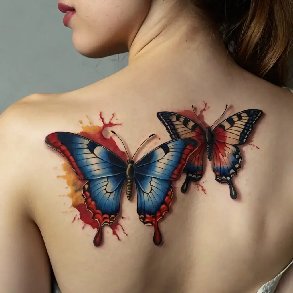 Realistic butterfly tattoos with vibrant blue and red wings, set against a watercolor splash background on the shoulder.