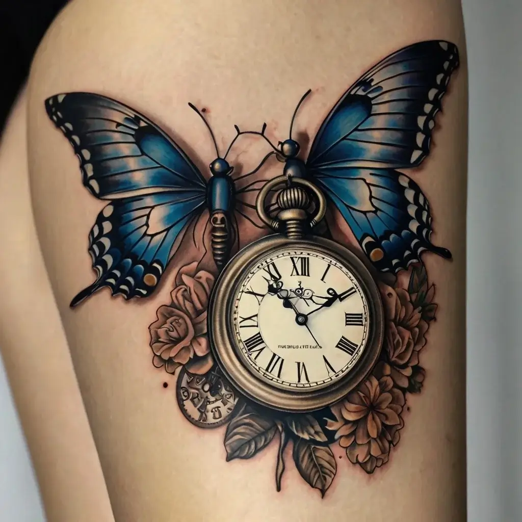 Blue butterfly with realistic pocket watch and floral details, symbolizing transformation, time, and nature's beauty.