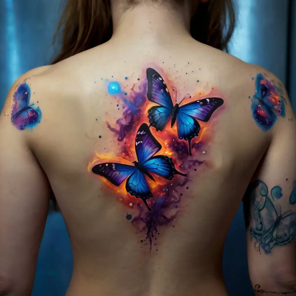 Vivid blue and orange butterflies with cosmic splashes adorn the back, creating a dynamic, colorful tattoo design.