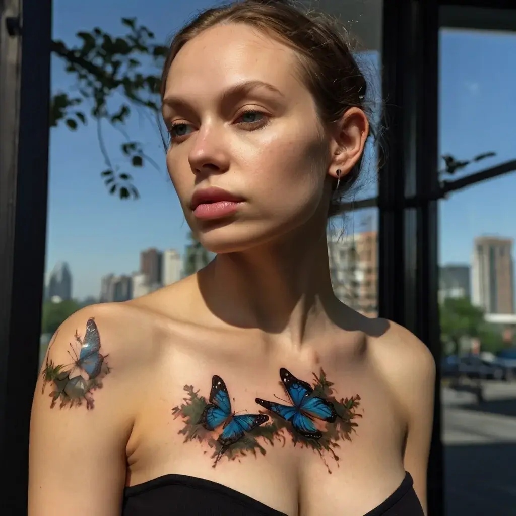 Realistic blue butterflies tattooed on a woman's collarbone, accented by splashes of watercolor foliage.