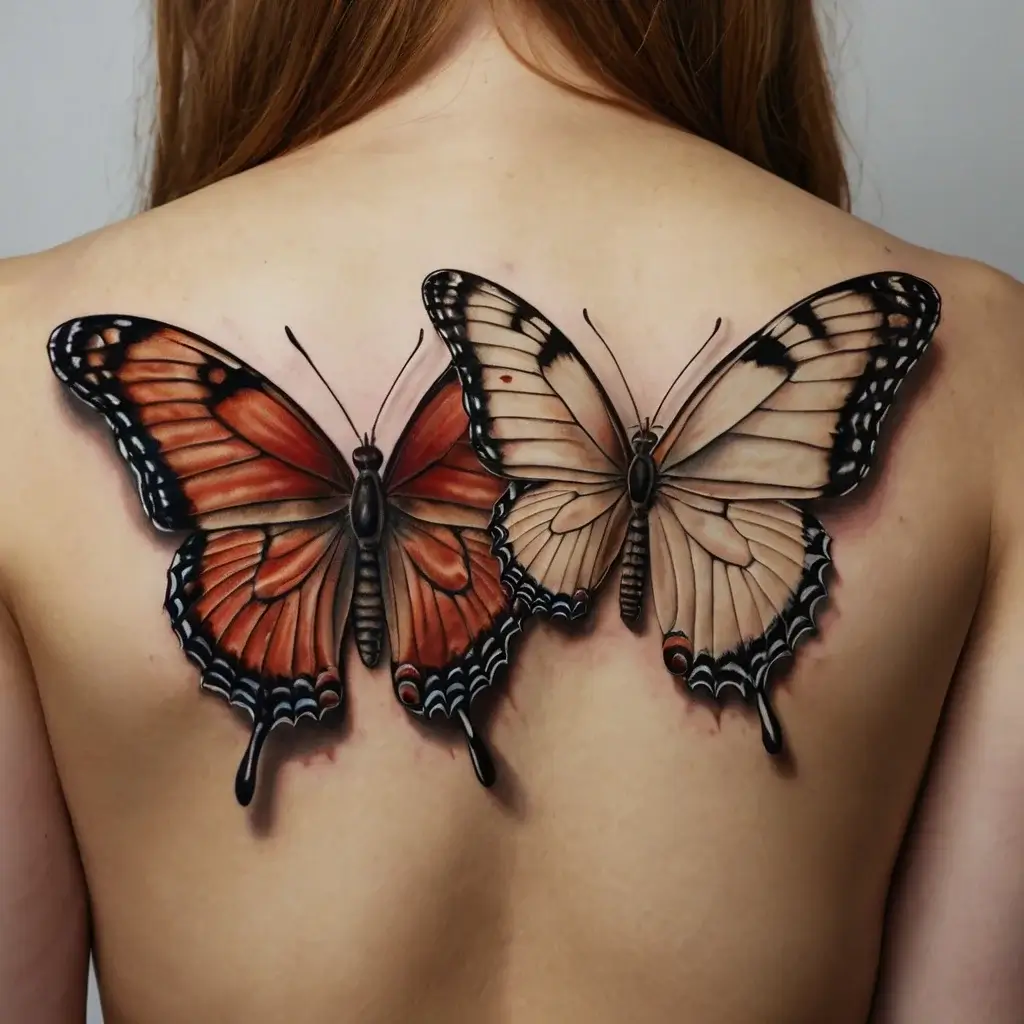 Tattoo of two realistic butterflies on a back, featuring bold black outlines and vibrant orange and cream wing patterns.