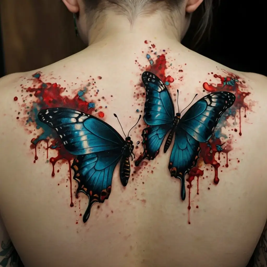 Vivid blue butterflies with black outlines on a back, set against a splattered red and blue watercolor backdrop.