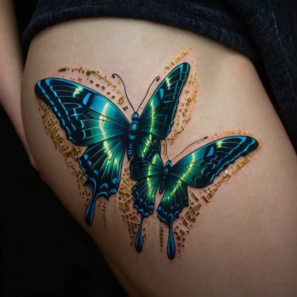 3D tattoo of two blue and green butterflies, wings open, with gold accents and dripping effect on a person’s hip.