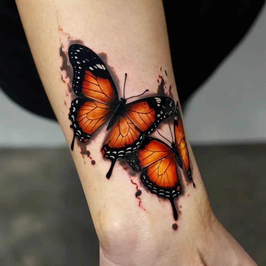 Vivid orange and black butterflies in 3D style with realistic details, creating a dynamic and lifelike appearance on the skin.