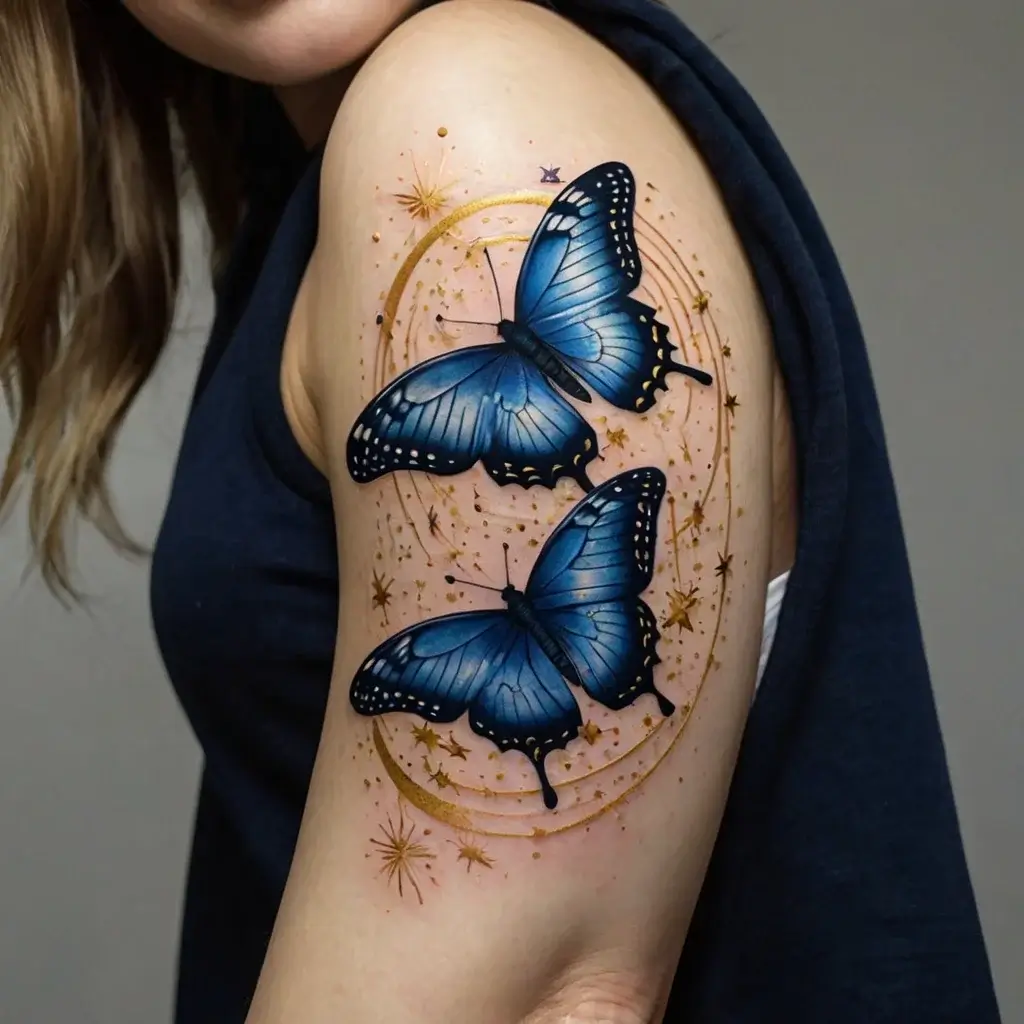 Two vivid blue butterflies with intricate details, surrounded by gold celestial stars and swirls on the upper arm.