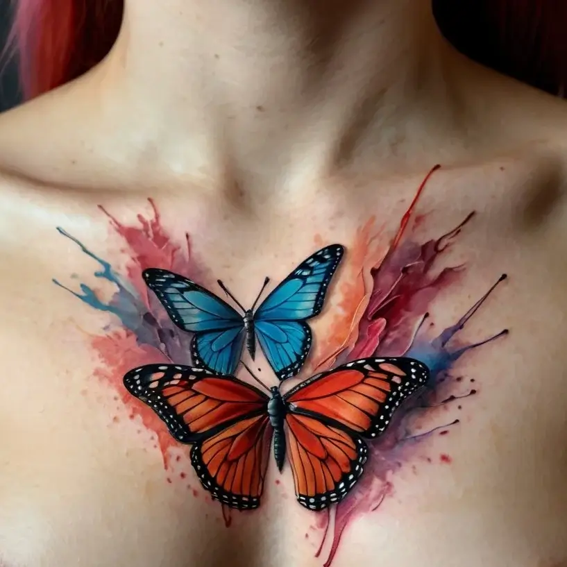 Vibrant tattoo of a blue and an orange butterfly on chest, surrounded by artistic watercolor splashes in red and blue hues.