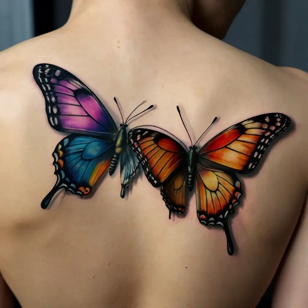 Two realistic butterflies on the back; one in vibrant blues and purples, the other in rich oranges and reds.