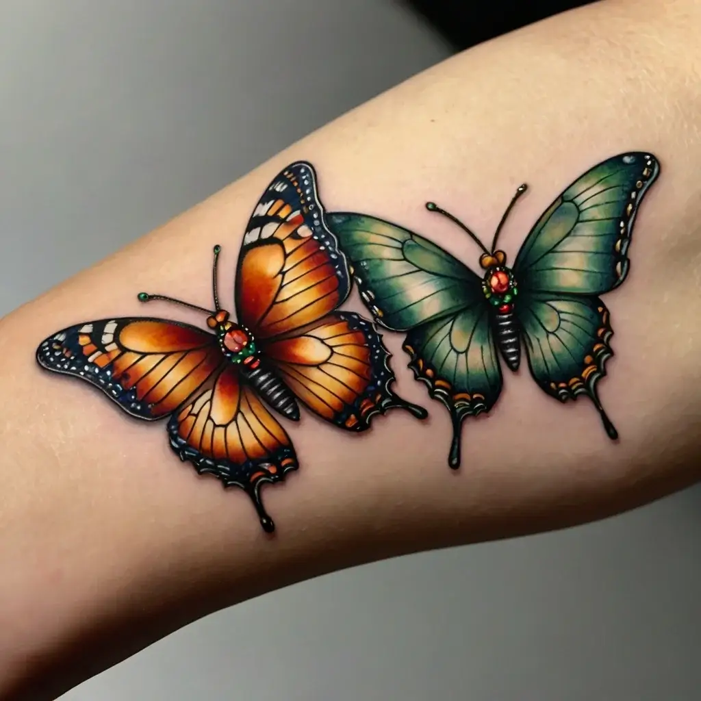 Two realistic butterflies tattooed side by side; one orange and black, the other green and black with detailed accents.