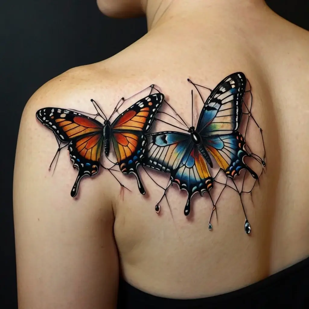 3D butterfly tattoos on shoulder: vibrant, realistic orange and blue hues with intricate details, giving an illusion of depth.