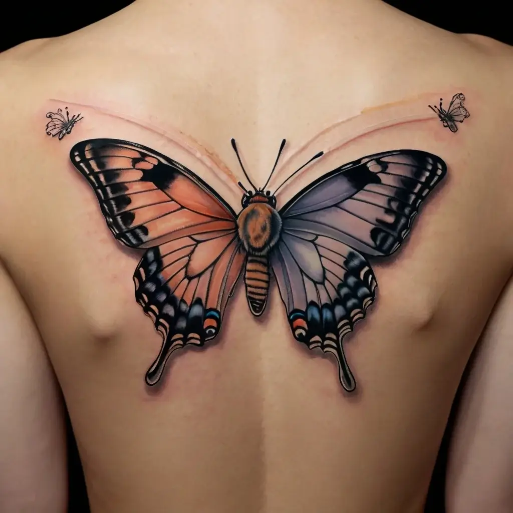 Realistic butterfly tattoo spans the back with vibrant orange and blue hues, flanked by two smaller butterflies above.