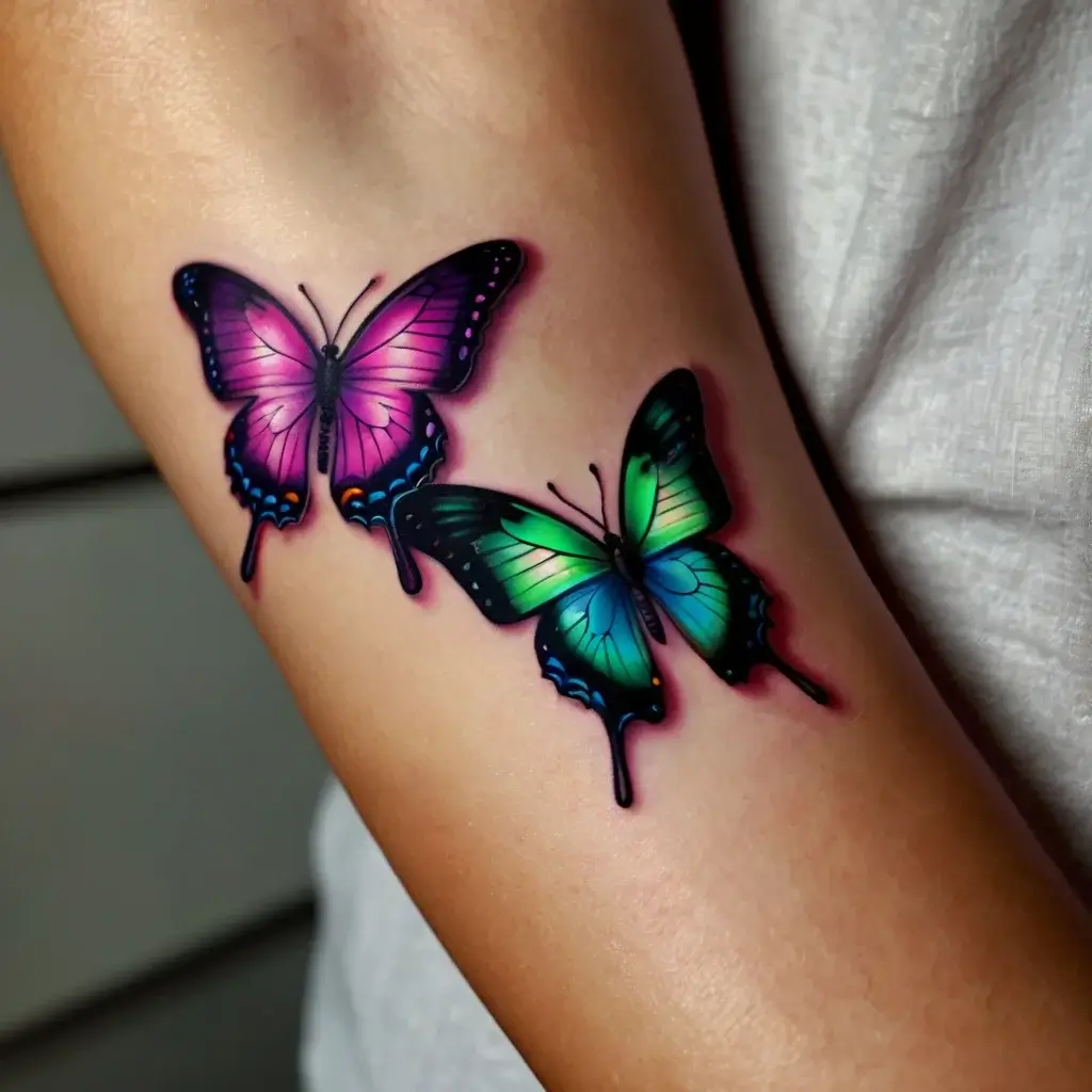 Two vibrant butterflies tattooed on the skin; one pink and purple, the other blue and green, creating a colorful contrast.