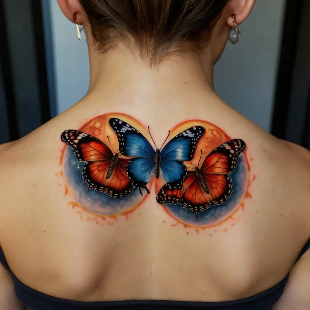 Vivid three-butterfly tattoo: central blue butterfly flanked by orange ones, set against a fiery circular backdrop.