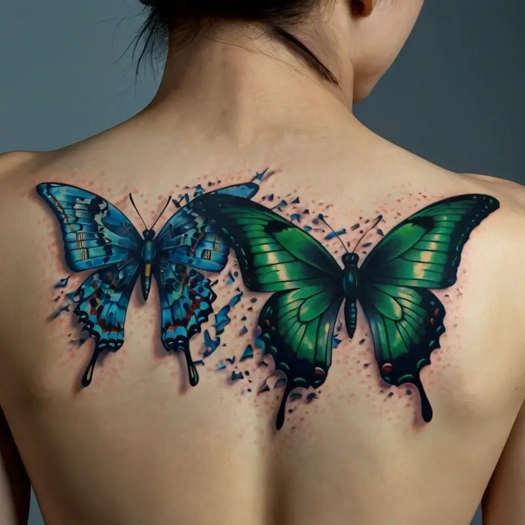 Two vibrant butterflies in green and blue, appearing 3D with intricate details, adorn the back with dynamic realism.