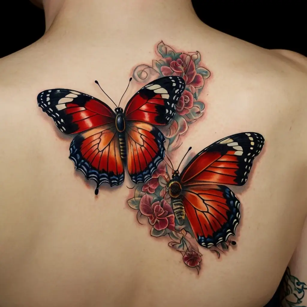 Tattoo of two vivid red and black butterflies with intricate floral accents, depicting elegance and transformation.