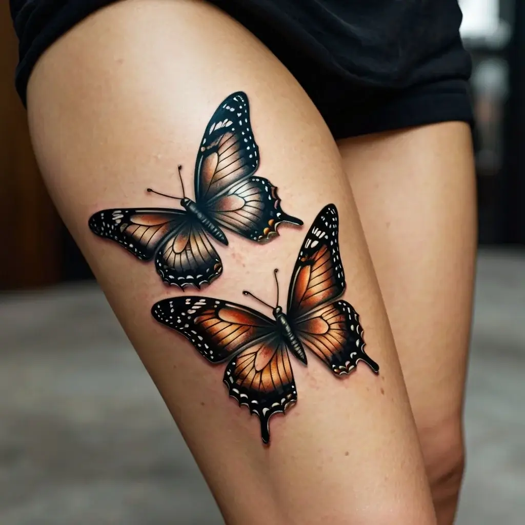 Realistic tattoo of two butterflies on a thigh, detailed with gradient orange and black wings, adding depth and vibrancy.